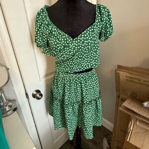 SHEIN Green and White Puff Sleeve Mini Sundress